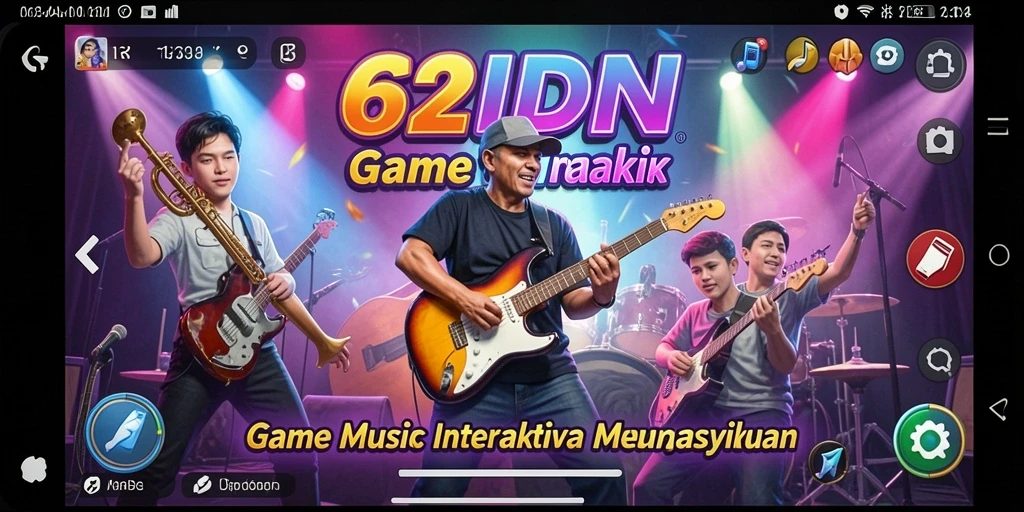 Tampilan gameplay menyenangkan dari aplikasi 62IDN dengan musik interaktif.