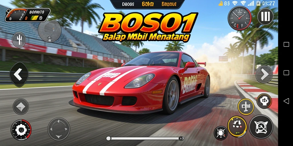 Screenshot menunjukkan aksi balap mobil yang mendebarkan.