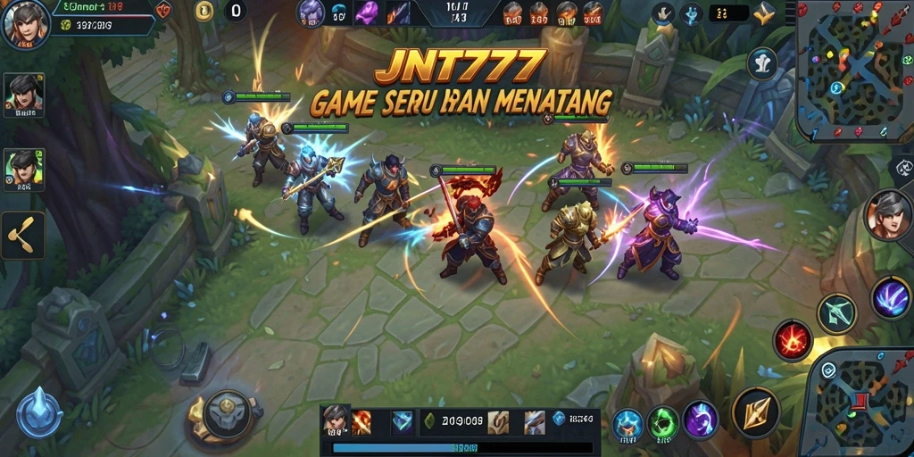 Tampilan gameplay seru JNT777 dalam pertarungan MOBA.