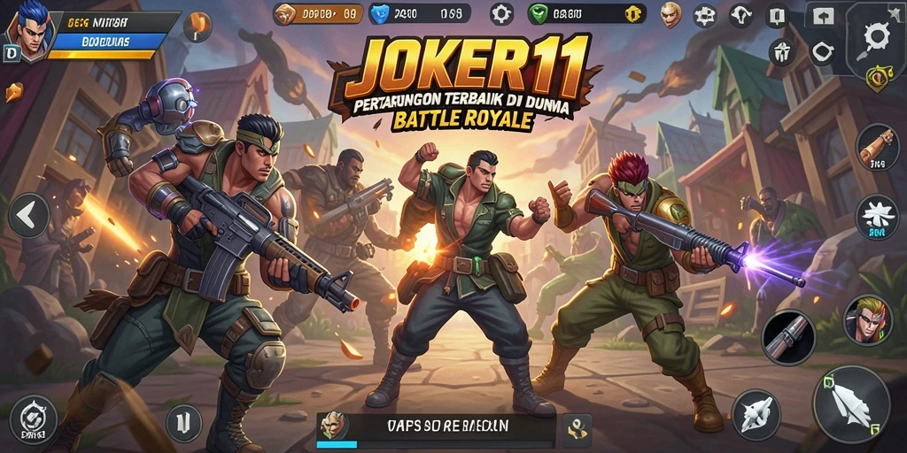 Screenshot utama JOKER11 menampilkan aksi intense Battle Royale.
