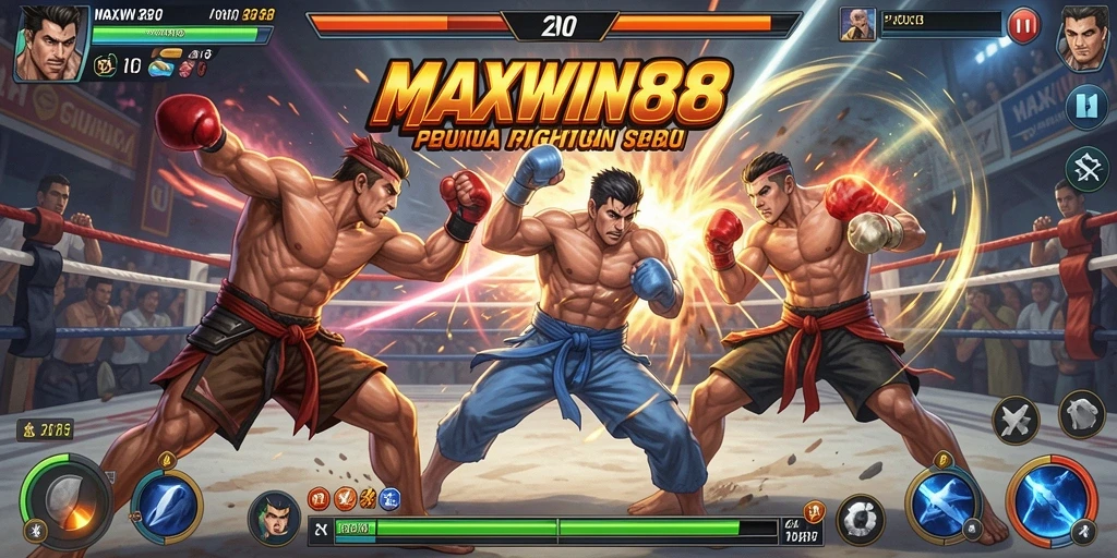 Screenshot gameplay MAXWIN88 menampilkan karakter bertarung dengan efek visual mengagumkan.